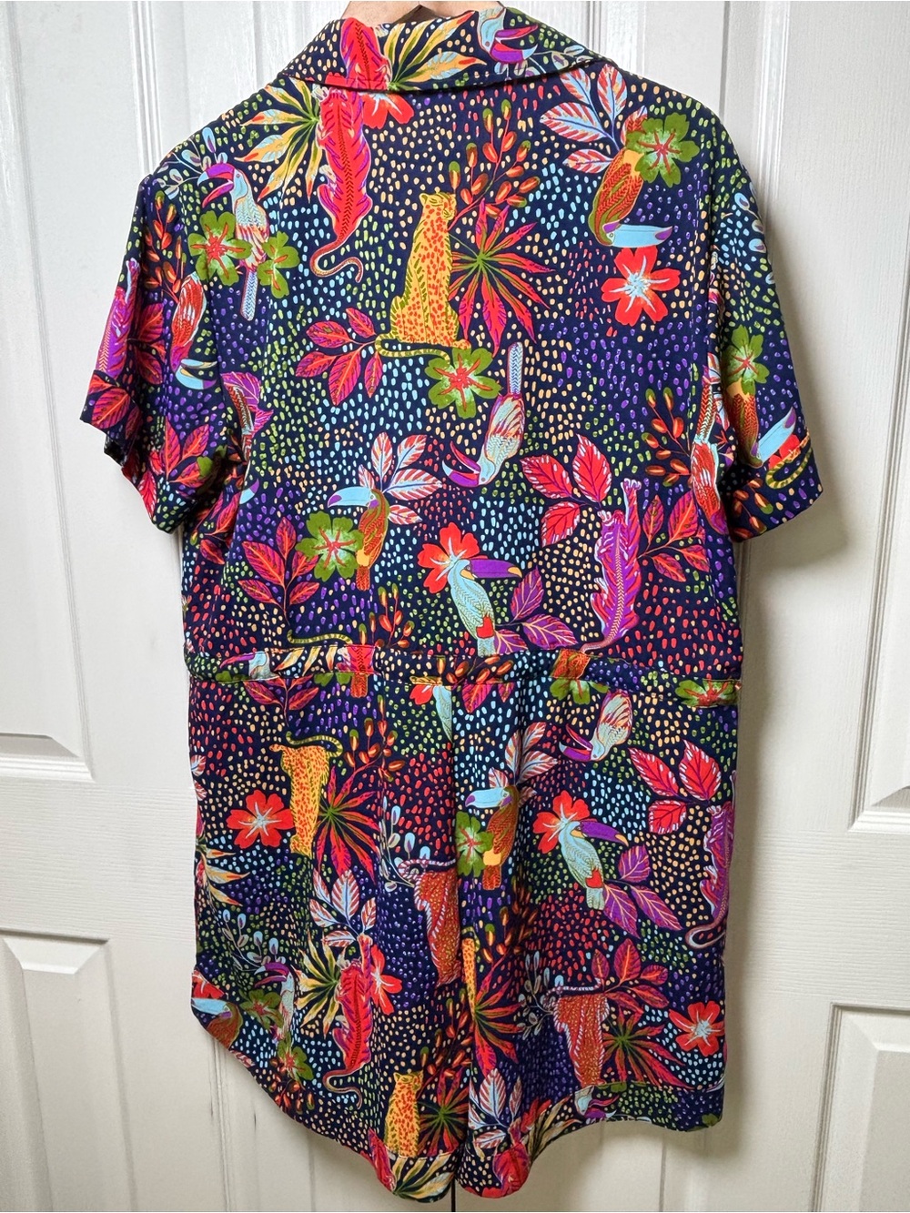 JODIFL Tropical Safari Romper Large Jungle Leopard Floral Tie Waist Pockets Sz L - Picture 3 of 8
